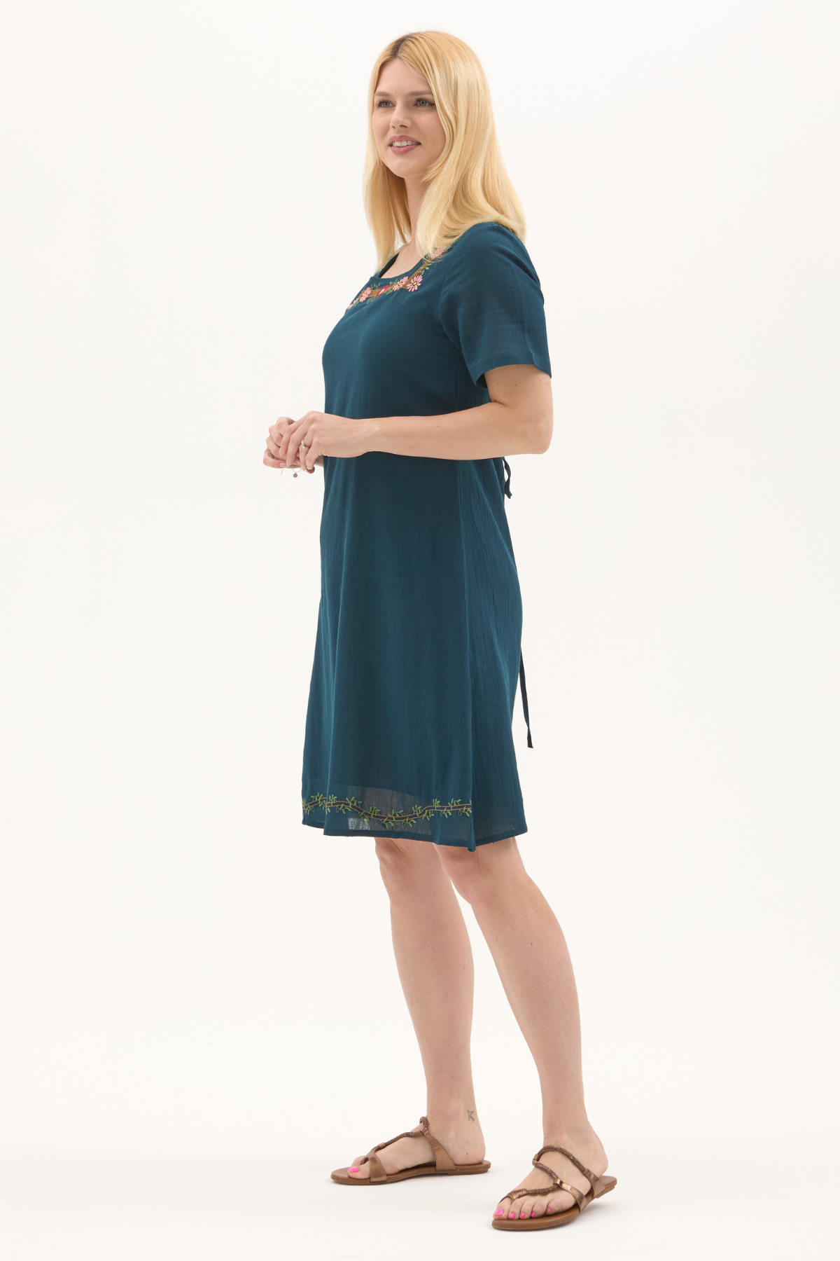 Şile Bezi Petrol Kısa Kol Nakışlı Kare Yaka İlkbahar ve Yaz Elbise