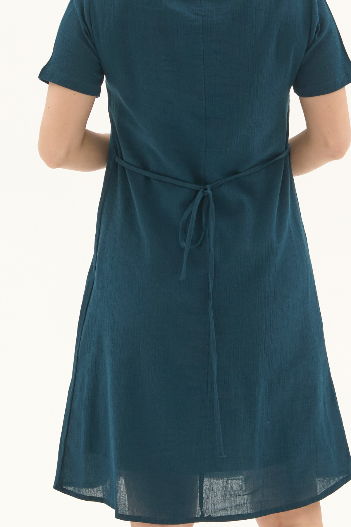 Şile Bezi Petrol Kısa Kol Nakışlı Yaka Yazlık Elbise