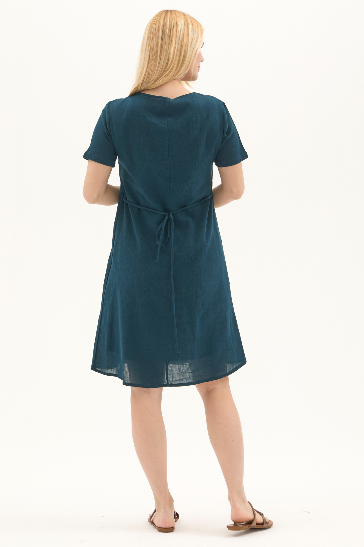 Şile Bezi Petrol Kısa Kol Nakışlı Yaka Yazlık Elbise