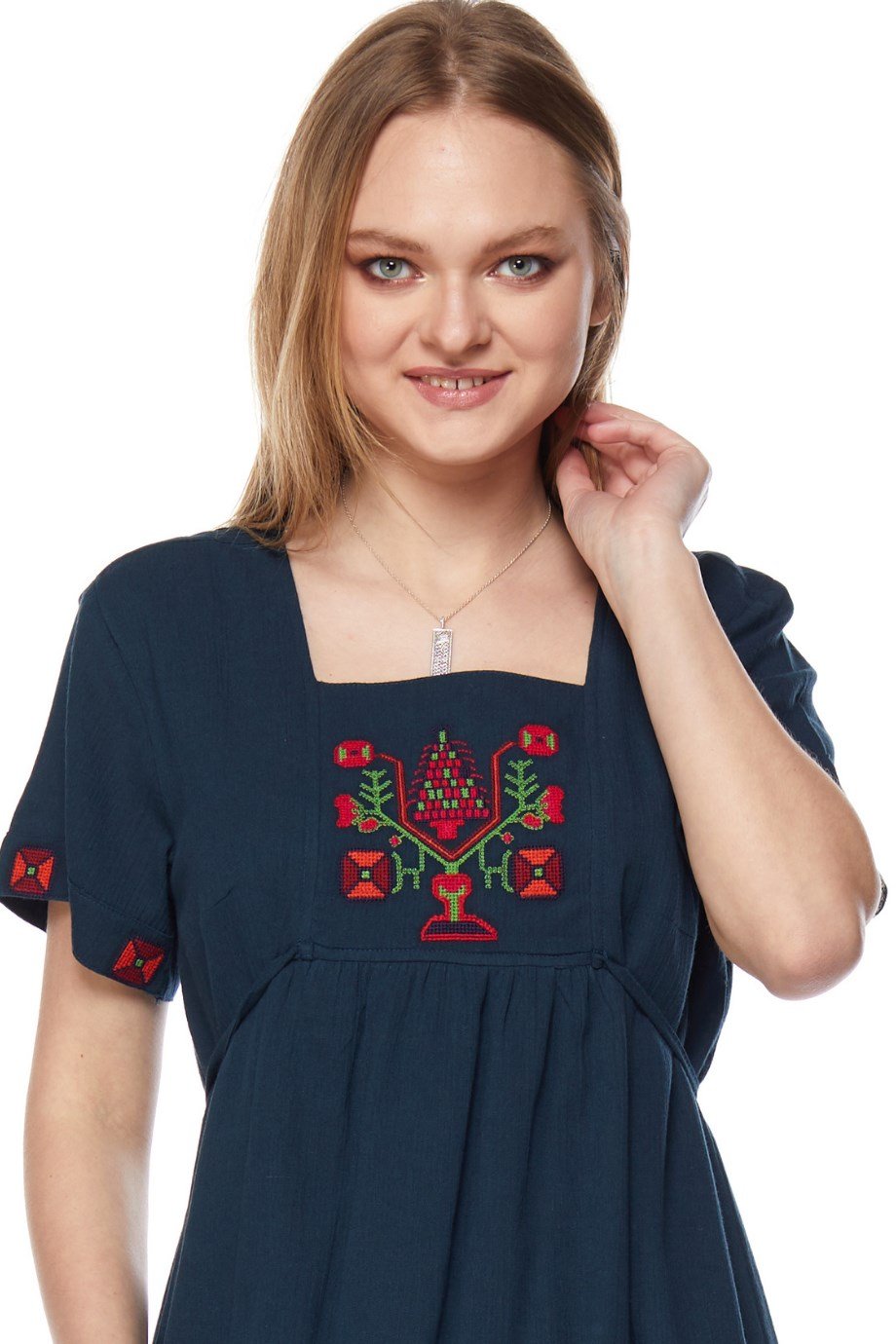 Şile Bezi Petrol Kısa Kollu Nakışlı Elbise