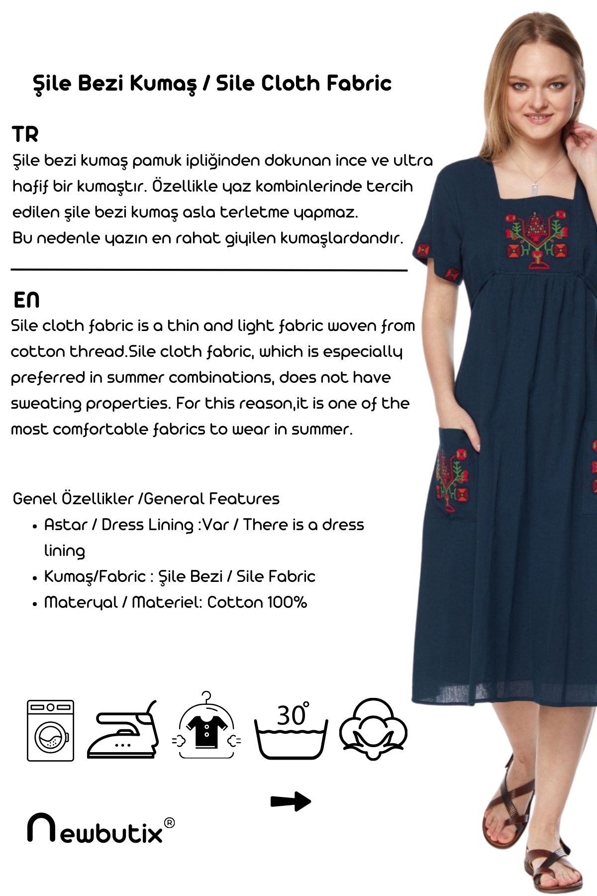 Şile Bezi Petrol Kısa Kollu Nakışlı Elbise