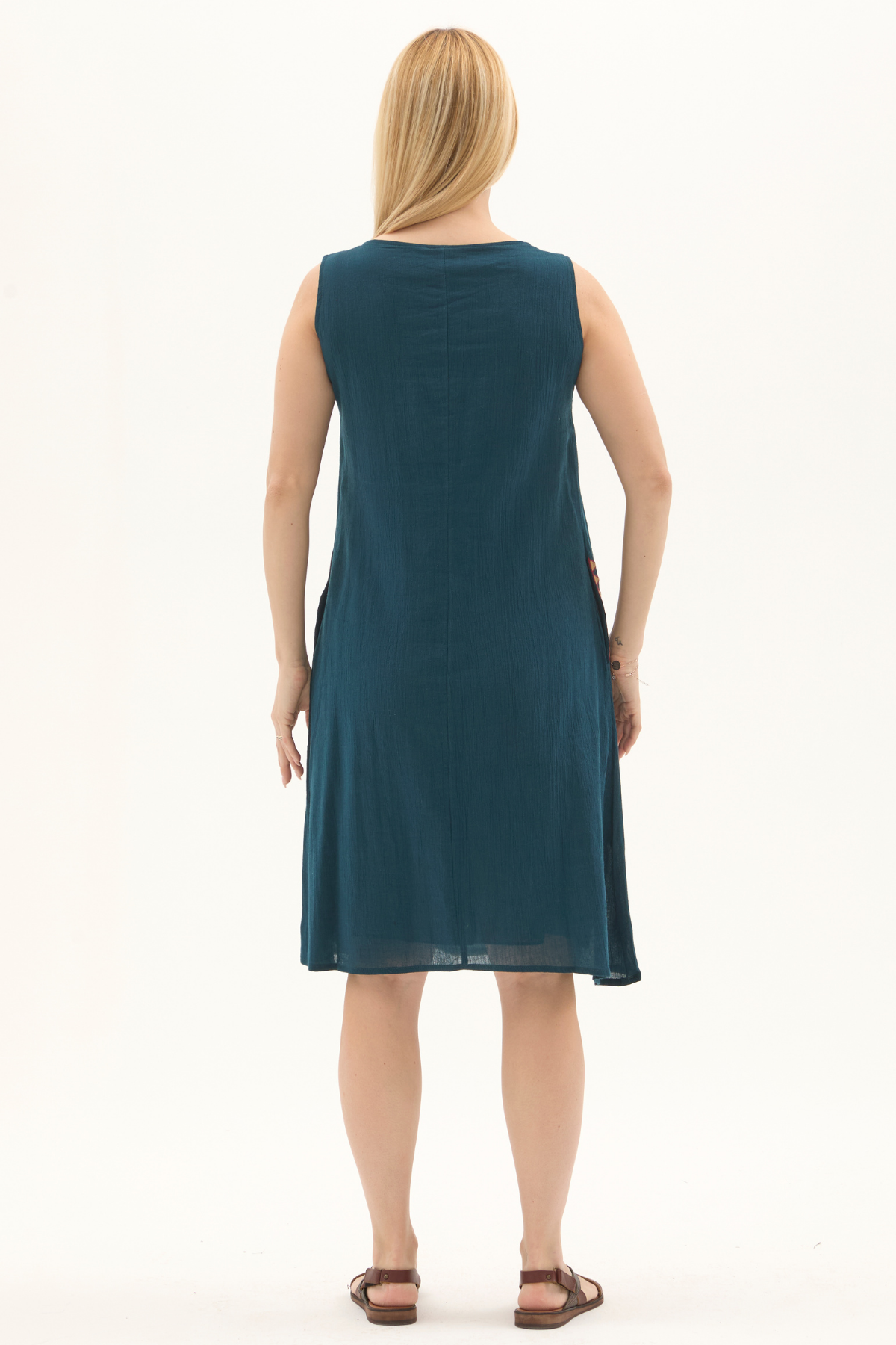 Şile Bezi Petrol Kolsuz Nakışlı Otantik Yazlık Elbise