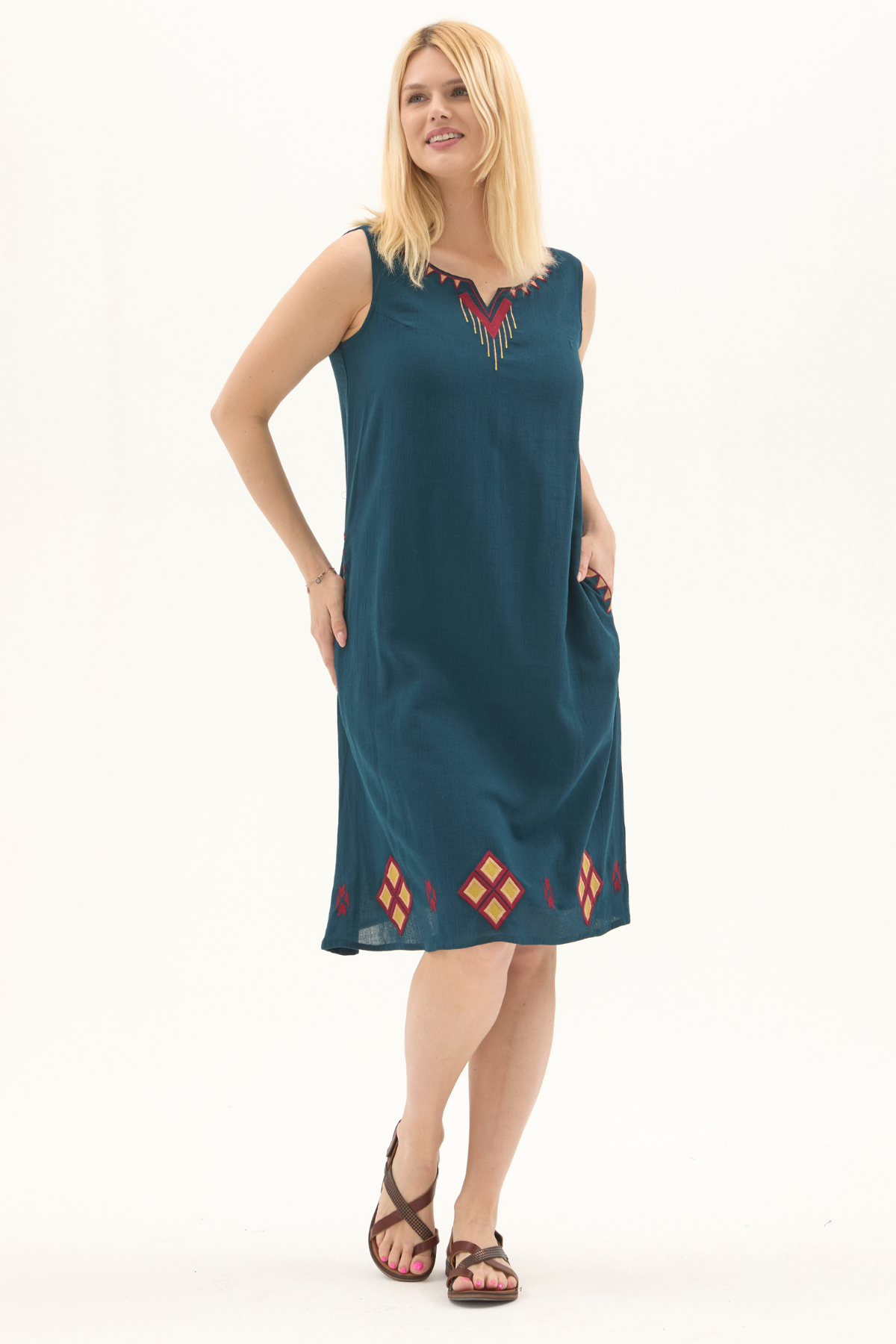 Şile Bezi Petrol Kolsuz Nakışlı Otantik Yazlık Elbise