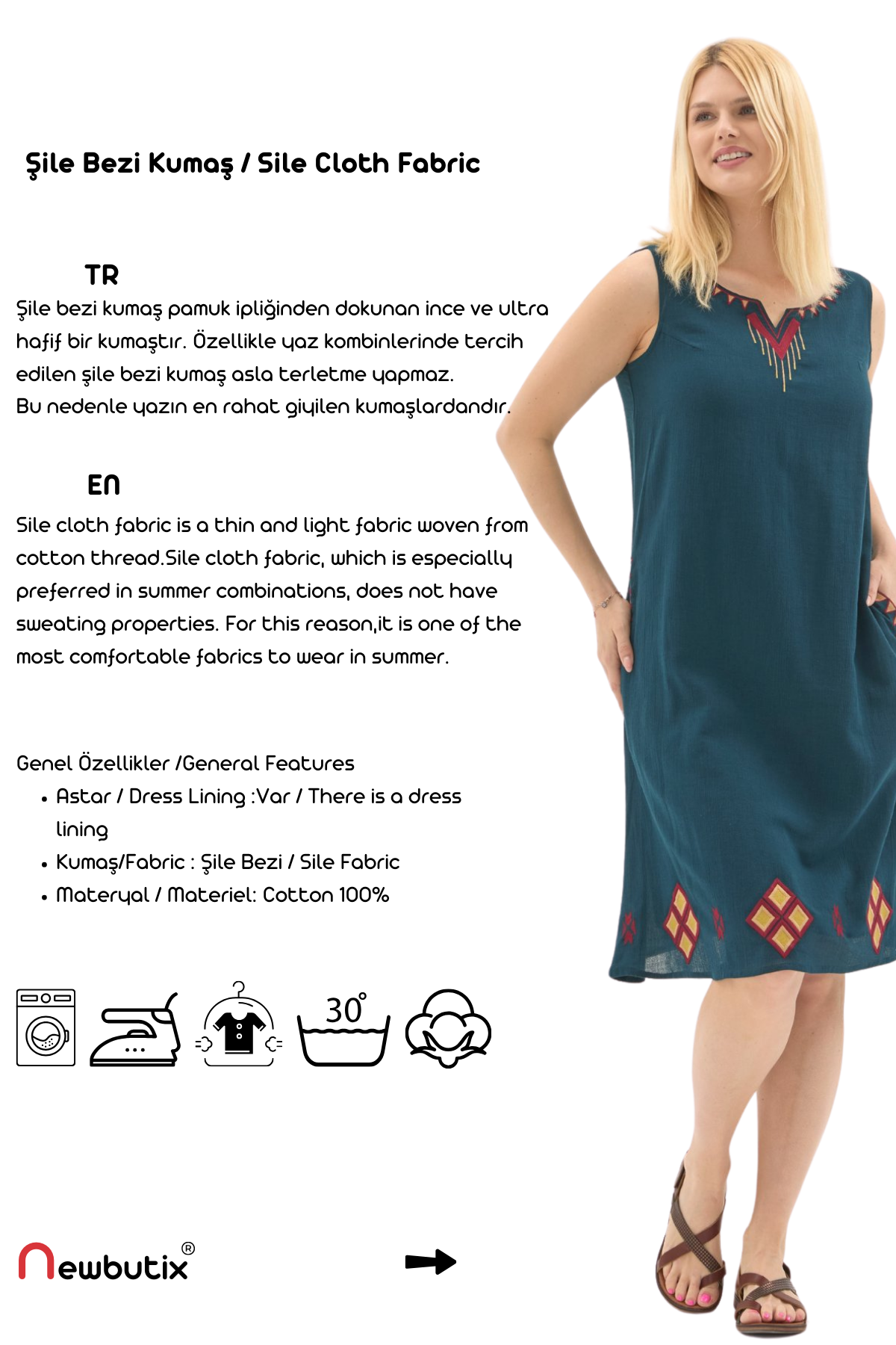 Şile Bezi Petrol Kolsuz Nakışlı Otantik Yazlık Elbise