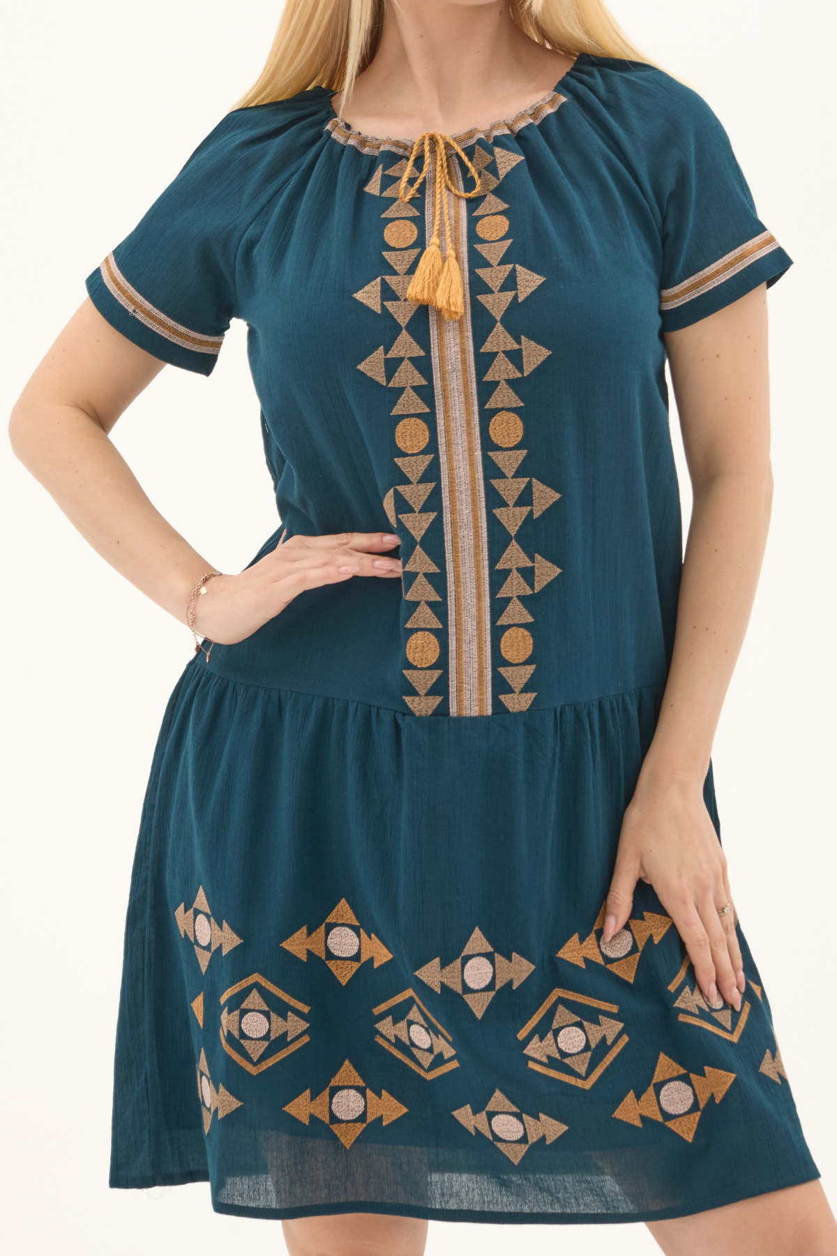 Şile Bezi Petrol Otantik Nakışlı Midi Elbise