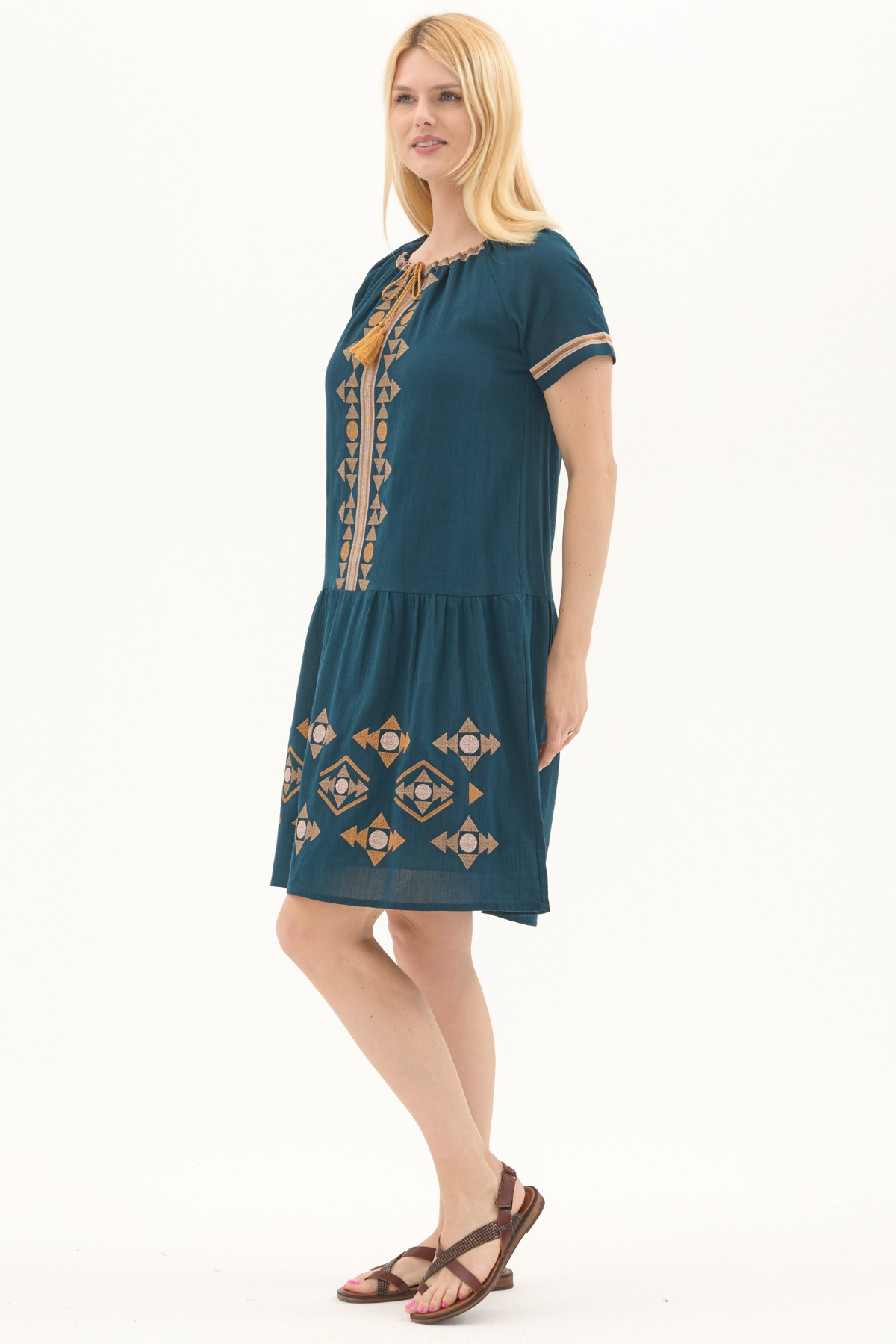 Şile Bezi Petrol Otantik Nakışlı Midi Elbise