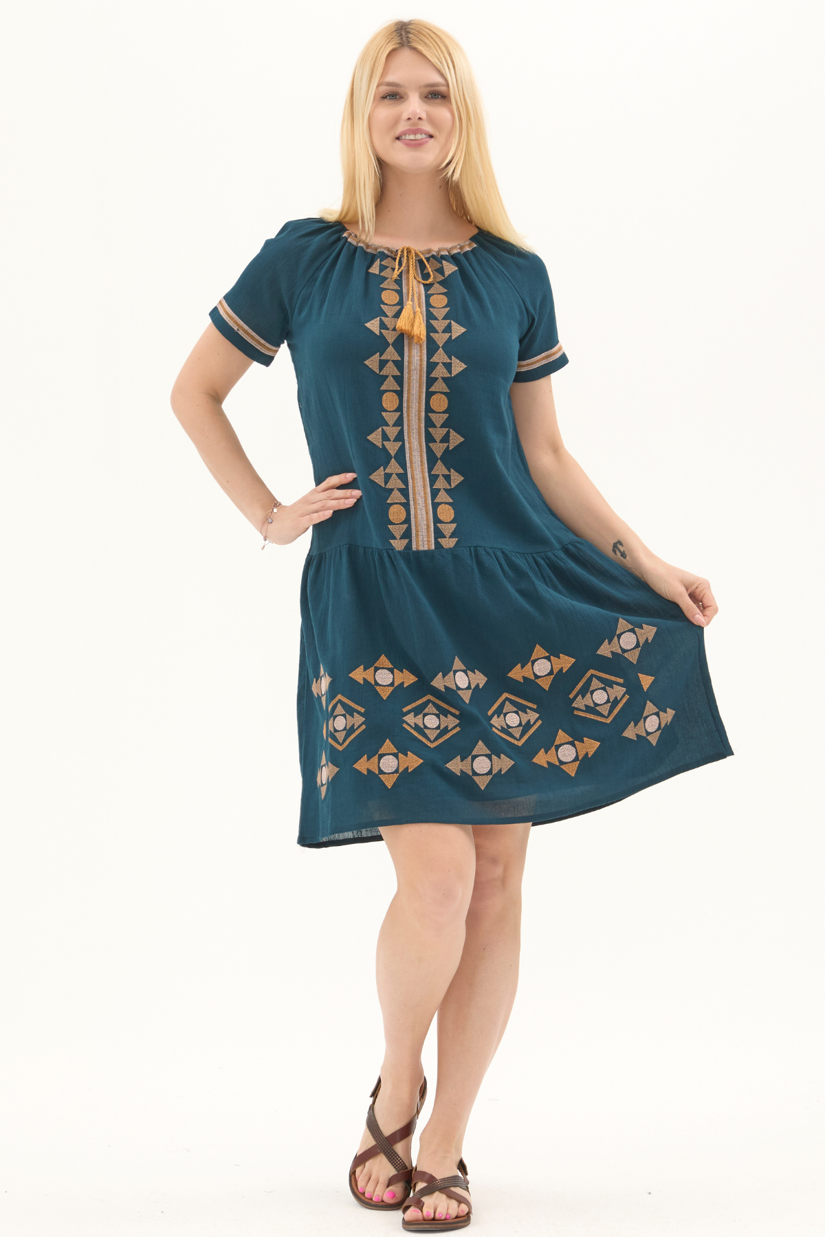 Şile Bezi Petrol Otantik Nakışlı Midi Elbise