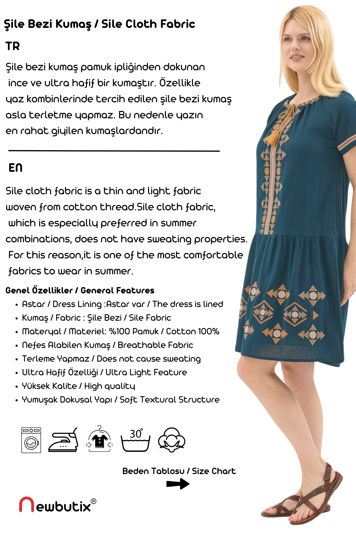 Şile Bezi Petrol Otantik Nakışlı Midi Elbise