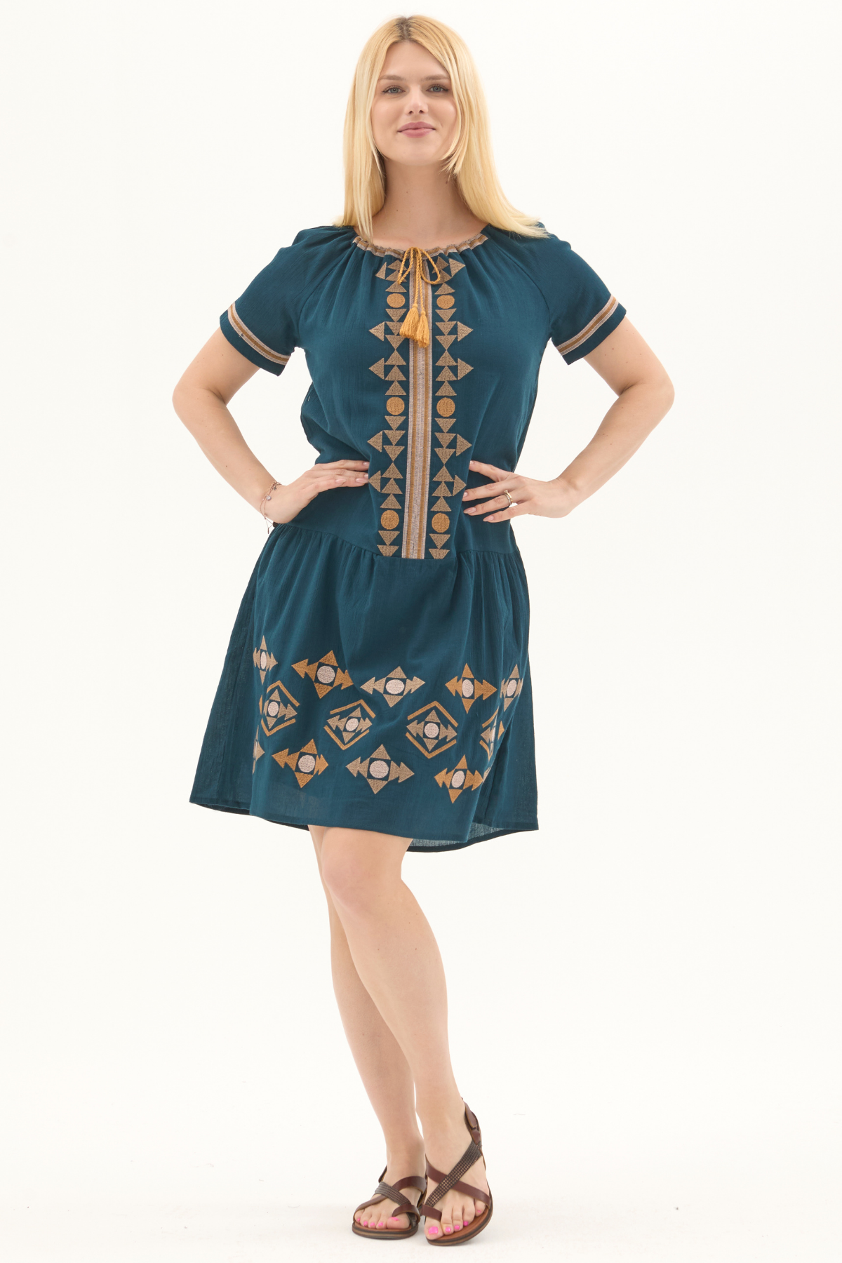 Şile Bezi Petrol Otantik Nakışlı Midi Elbise