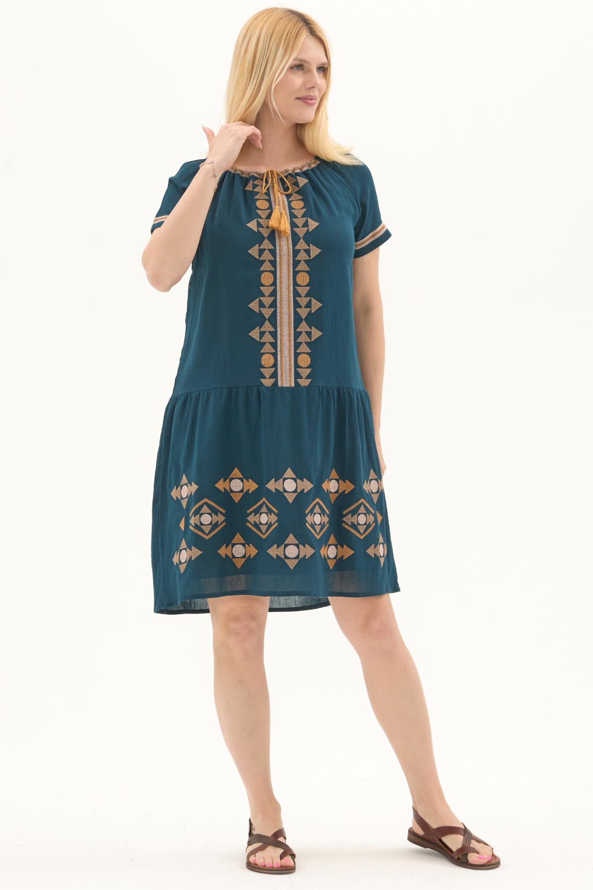 Şile Bezi Petrol Otantik Nakışlı Midi Elbise