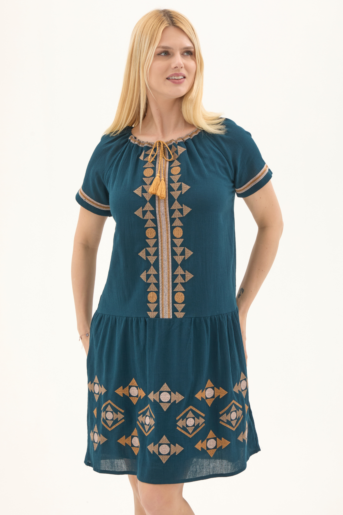 Şile Bezi Petrol Otantik Nakışlı Midi Elbise