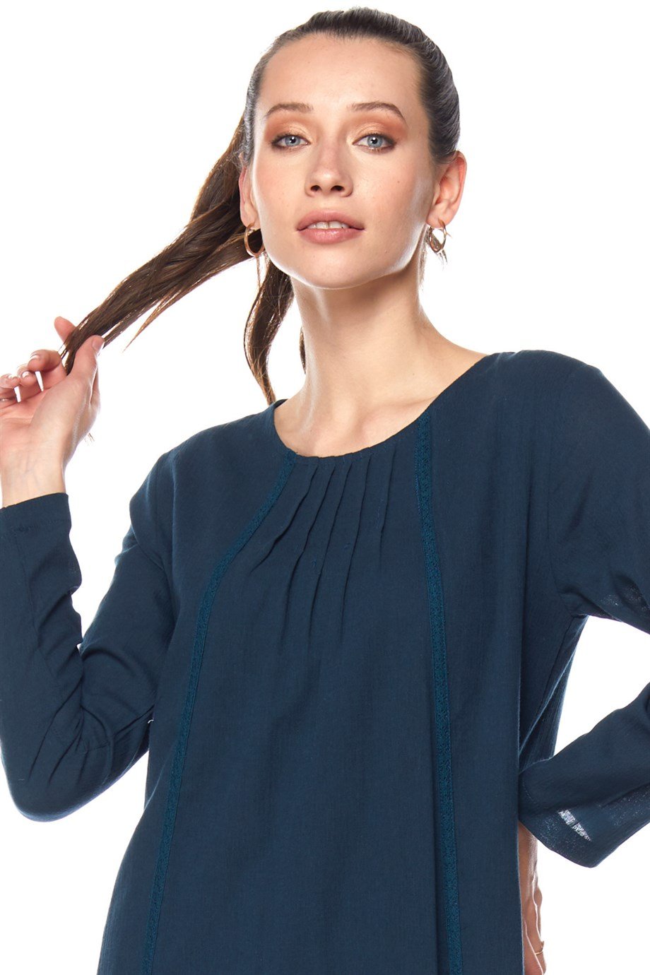 Şile Bezi Petrol Uzun Kollu Dantel Detaylı Elbise