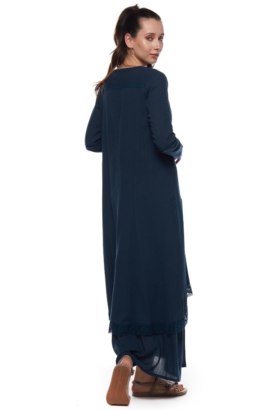 Şile Bezi Petrol Uzun Kollu Dantel Detaylı Elbise