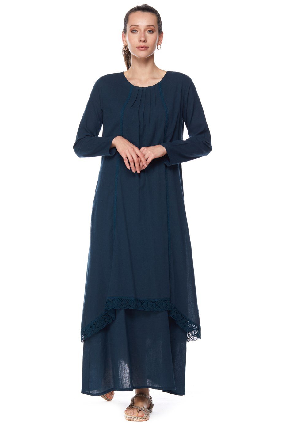 Şile Bezi Petrol Uzun Kollu Dantel Detaylı Elbise