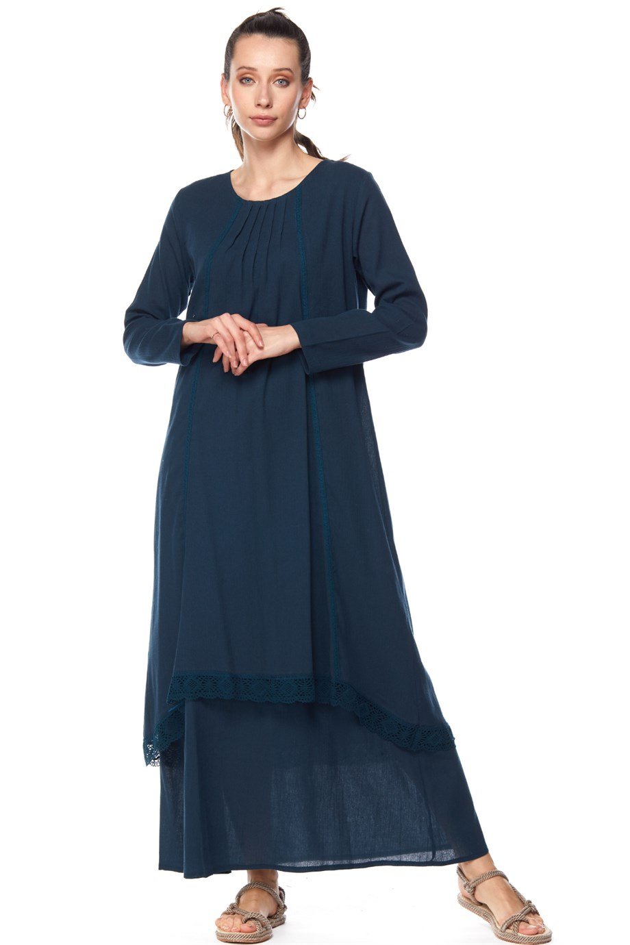 Şile Bezi Petrol Uzun Kollu Dantel Detaylı Elbise