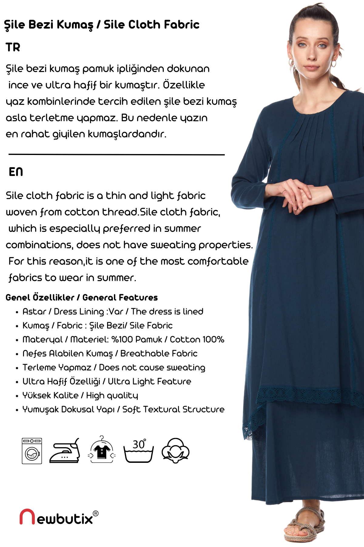 Şile Bezi Petrol Uzun Kollu Dantel Detaylı Elbise