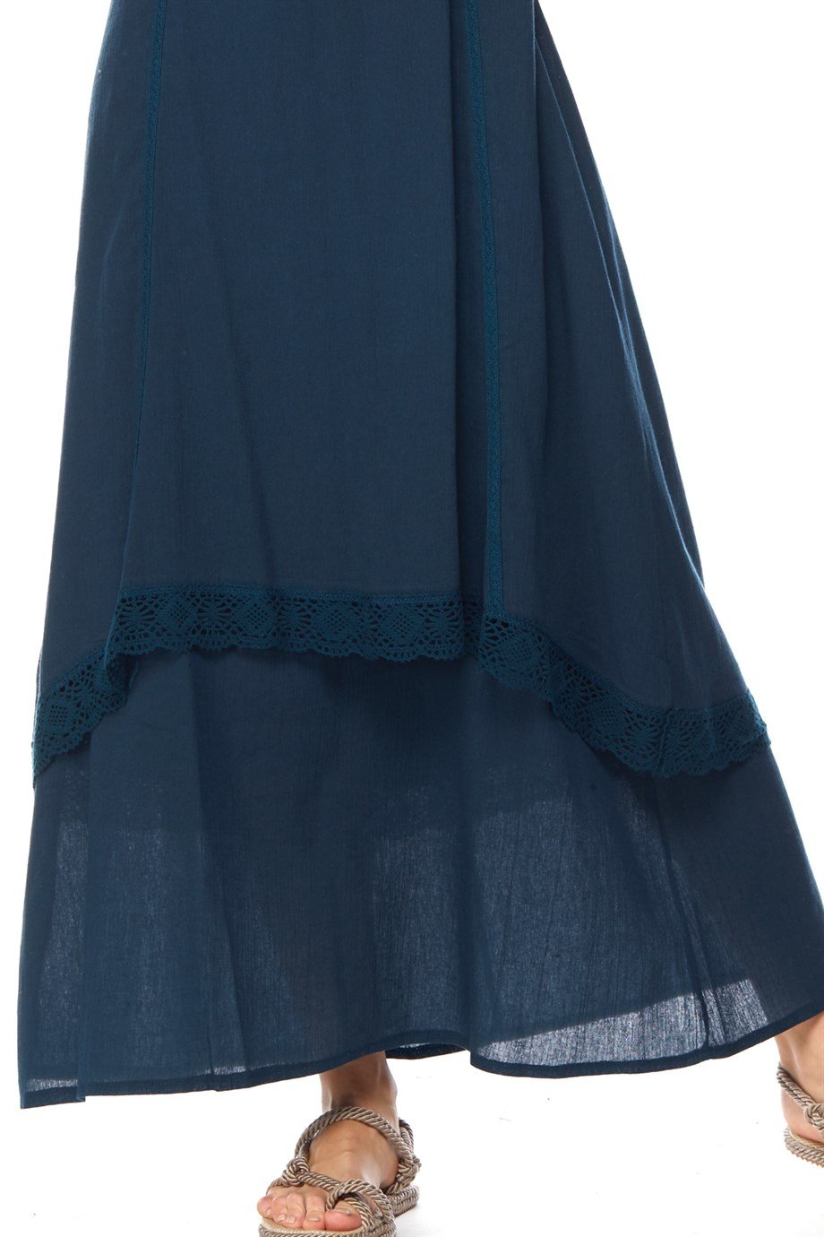 Şile Bezi Petrol Uzun Kollu Dantel Detaylı Elbise