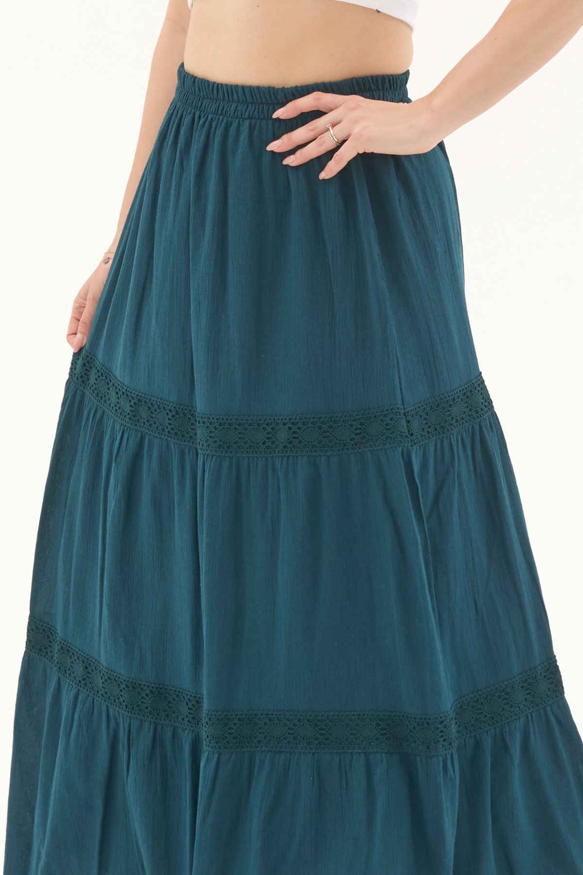 Şile Bezi Petrol Uzun Yazlık Dantelli Etek