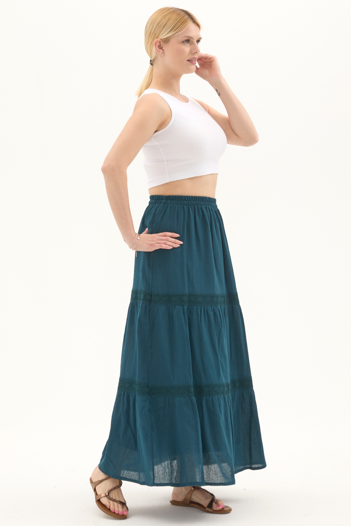 Şile Bezi Petrol Uzun Yazlık Dantelli Etek