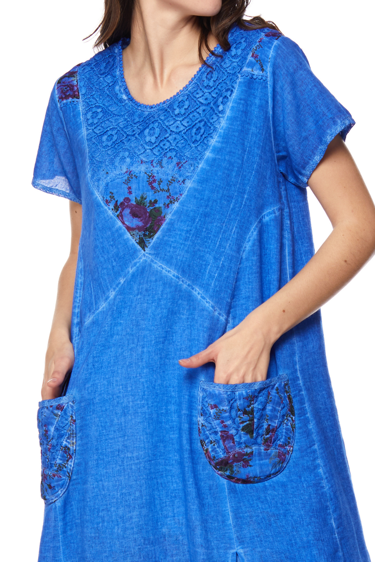 Şile Bezi Saks Kısa Kollu Katlı Midi Elbise