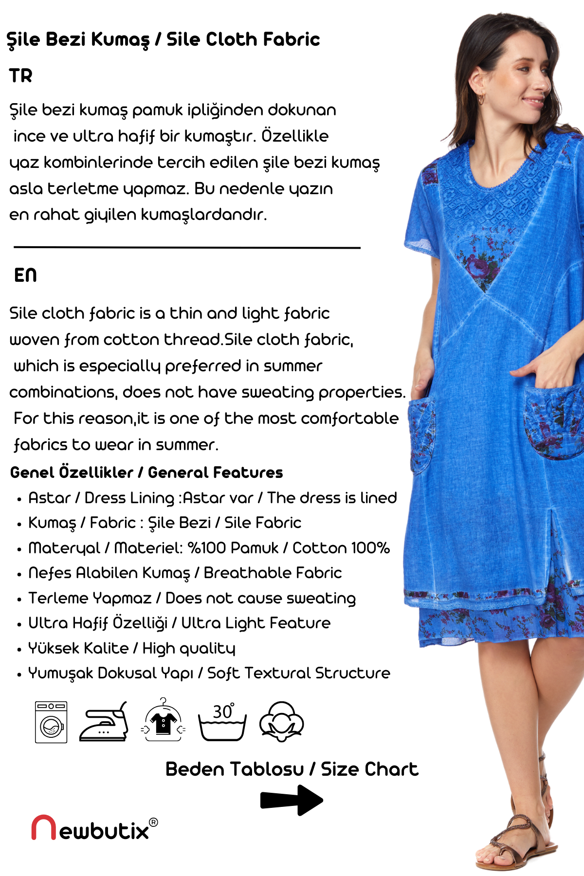 Şile Bezi Saks Kısa Kollu Katlı Midi Elbise