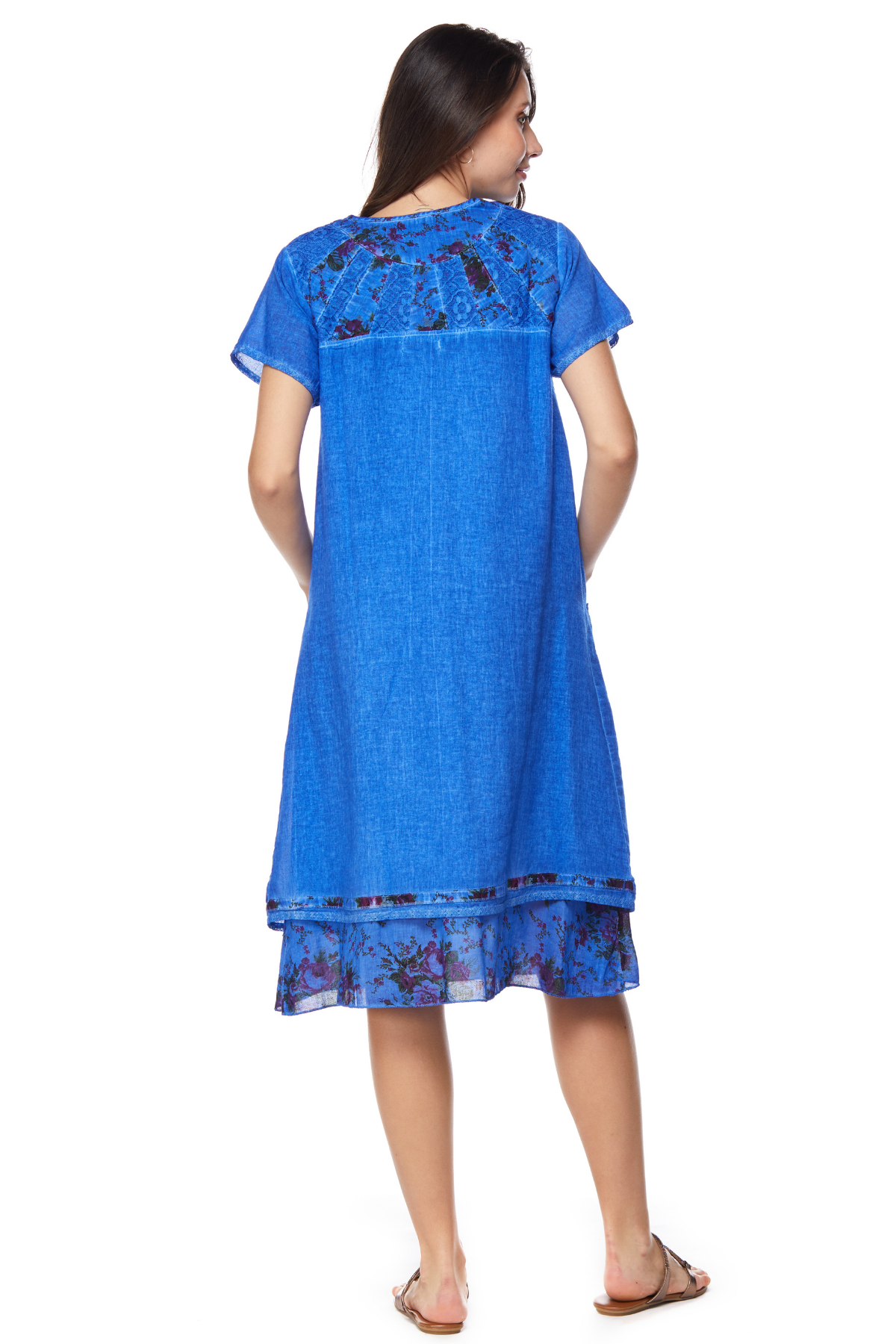 Şile Bezi Saks Kısa Kollu Katlı Midi Elbise