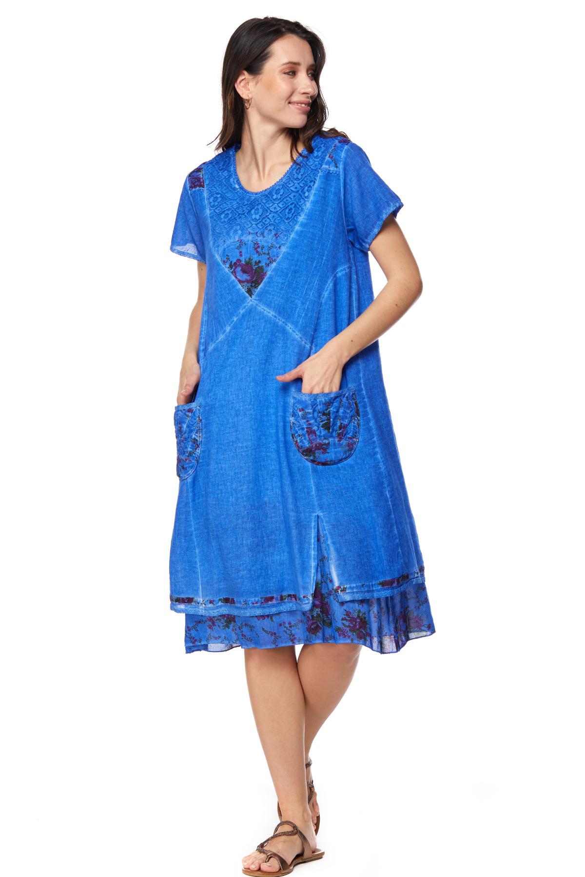 Şile Bezi Saks Kısa Kollu Katlı Midi Elbise