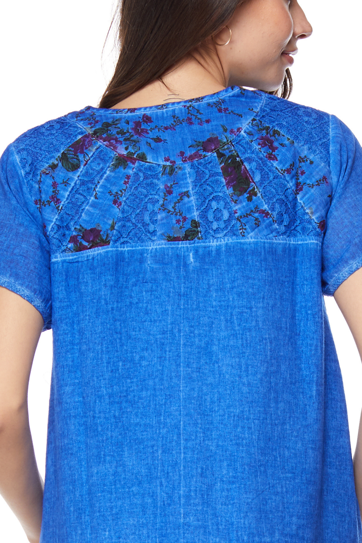 Şile Bezi Saks Kısa Kollu Katlı Midi Elbise