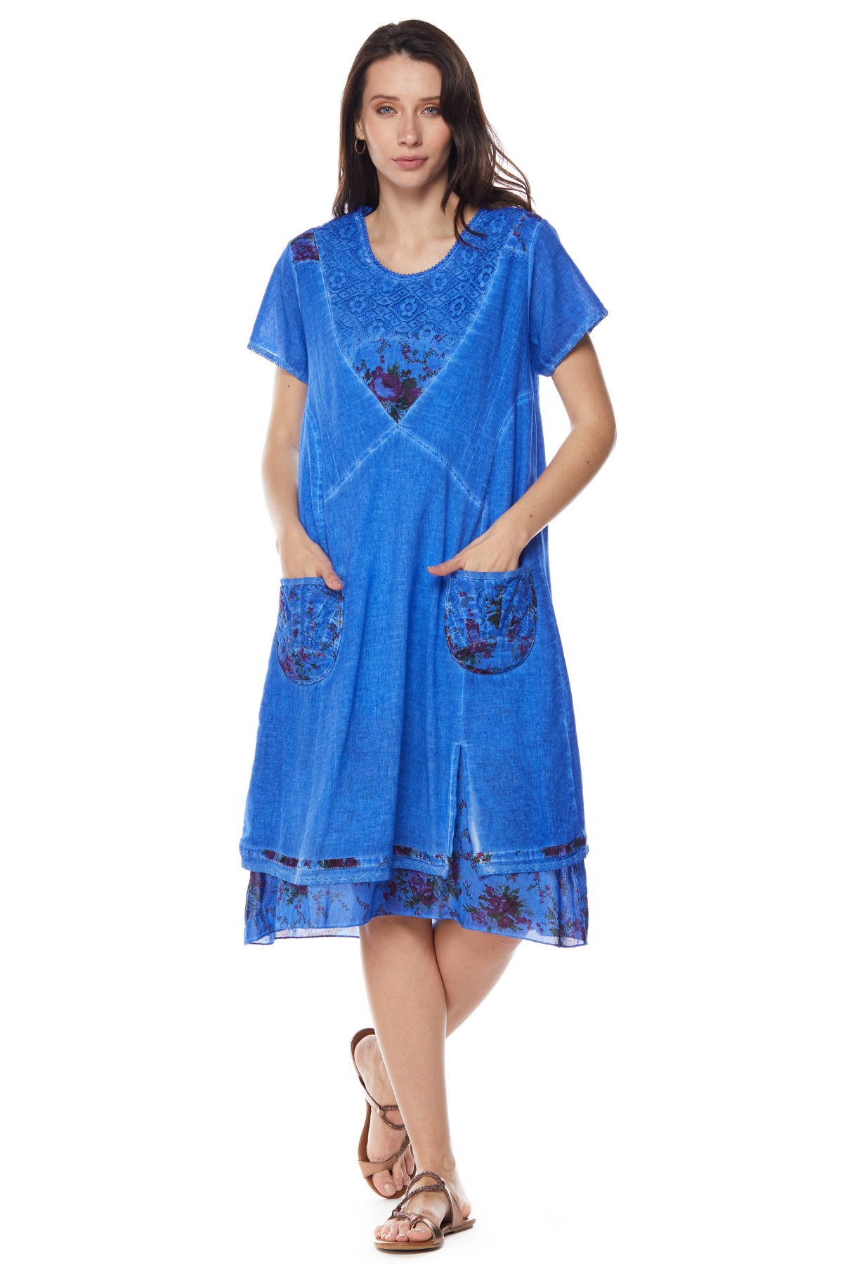 Şile Bezi Saks Kısa Kollu Katlı Midi Elbise