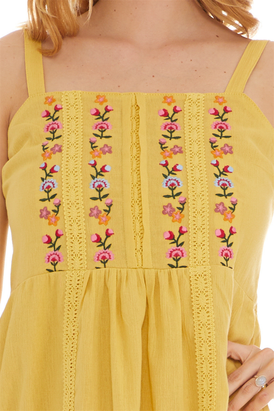 Şile Bezi Sarı Askılı Çiçekli Kısa Elbise