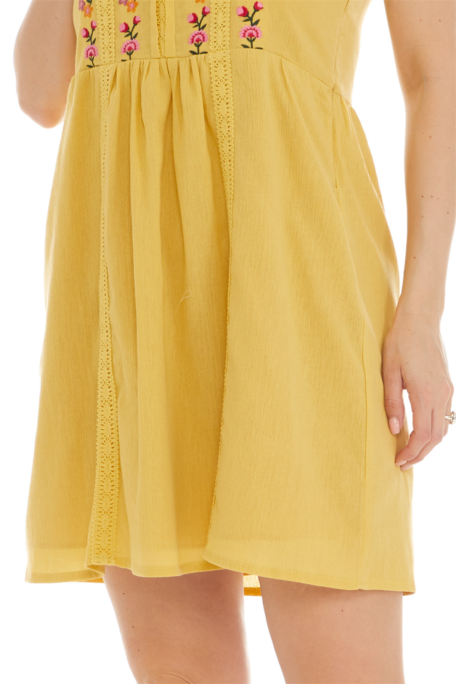 Şile Bezi Sarı Askılı Çiçekli Kısa Elbise