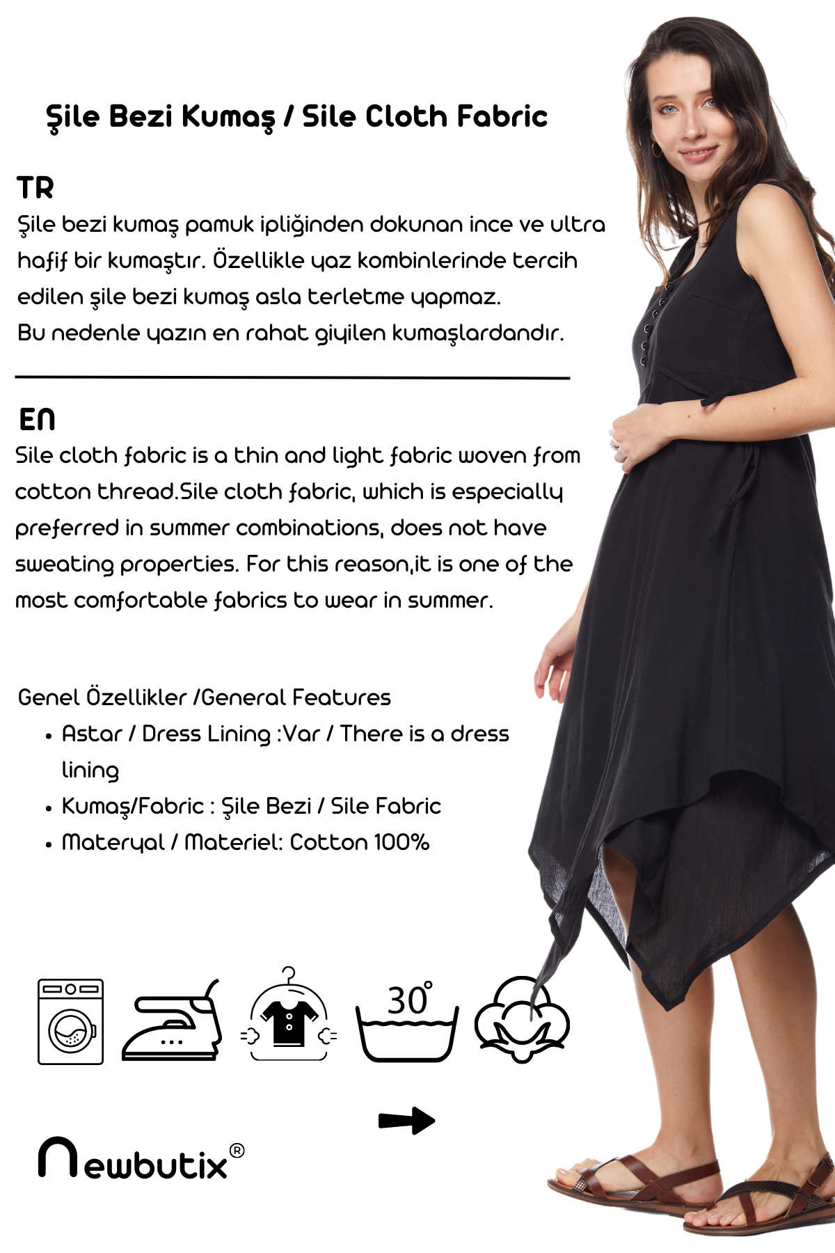 Şile Bezi Siyah Asimetrik Düğmeli Elbise