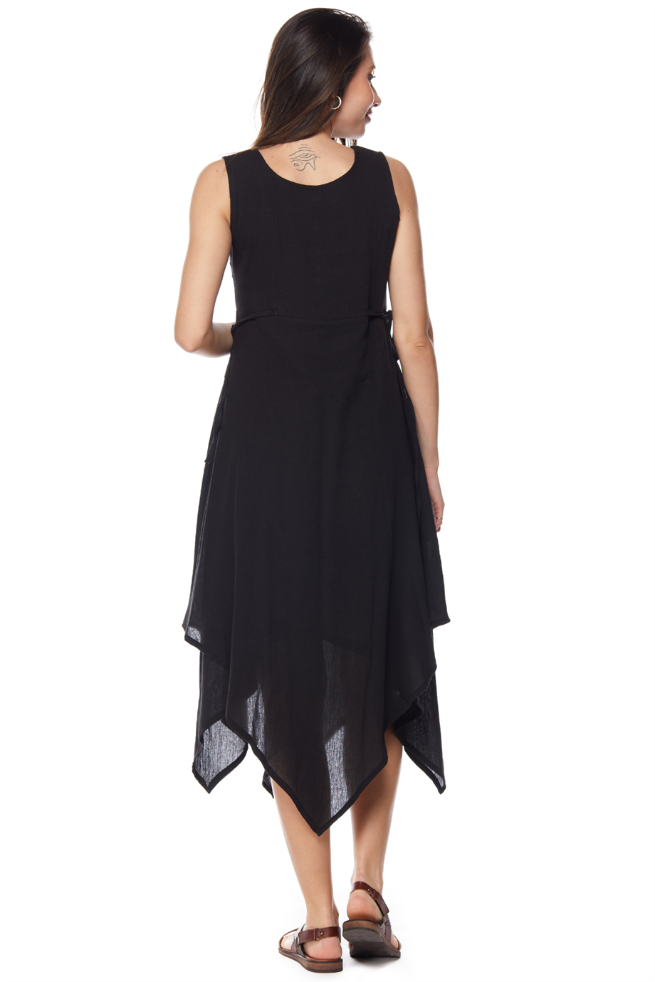 Şile Bezi Siyah Asimetrik Düğmeli Elbise