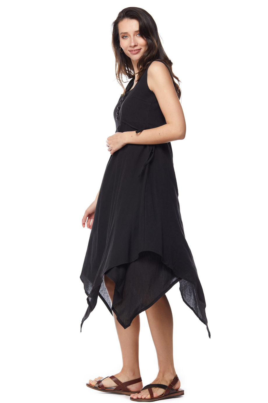 Şile Bezi Siyah Asimetrik Düğmeli Elbise