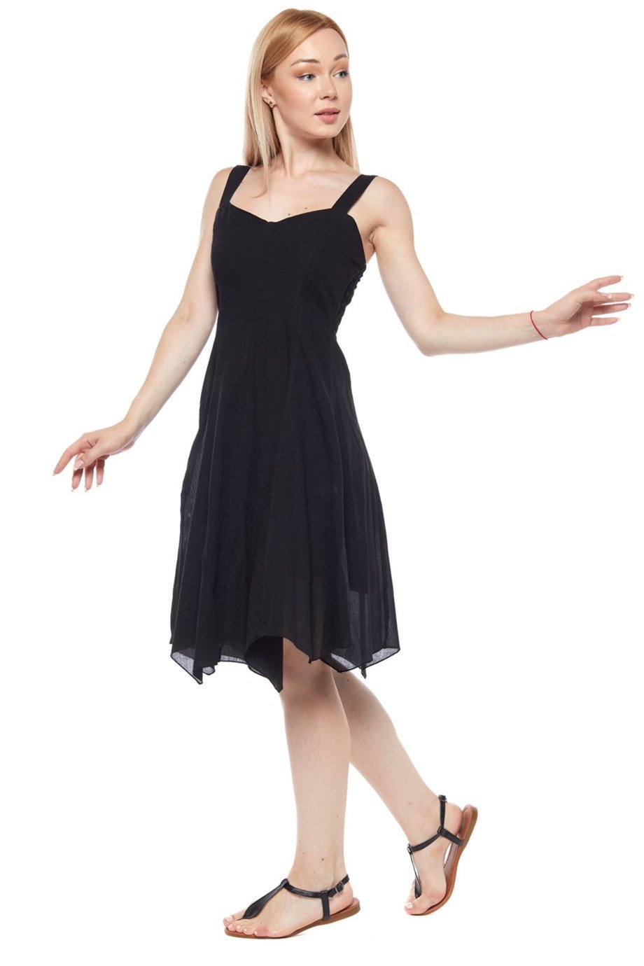 Şile Bezi Siyah Askılı Asimetrik Elbise