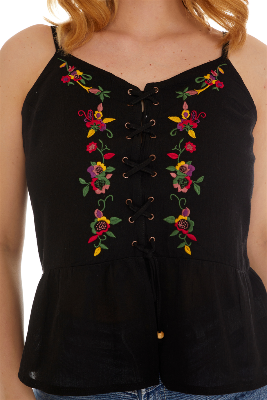 Şile Bezi Siyah Askılı Çiçekli Bluz