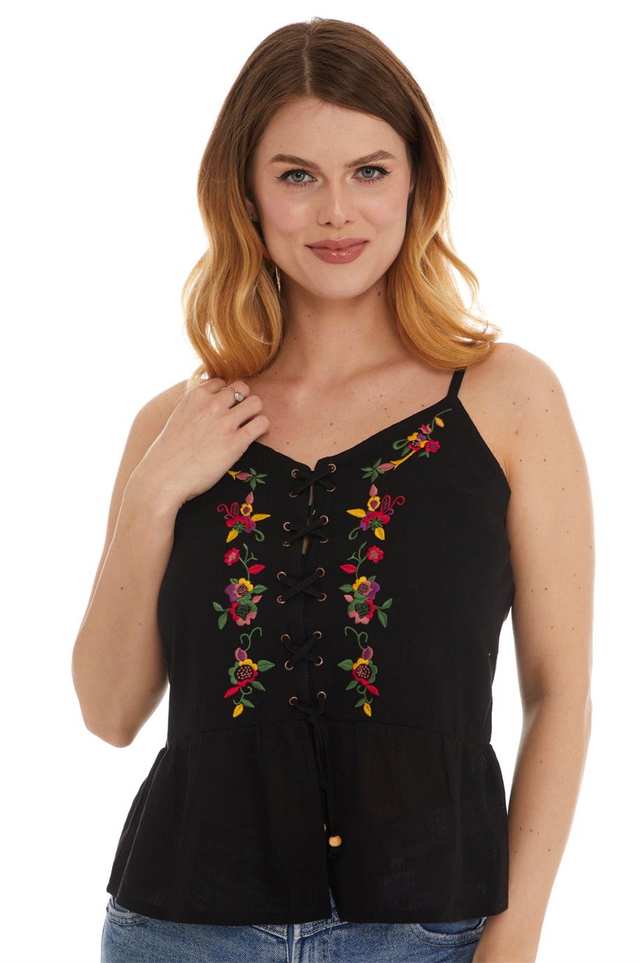 Şile Bezi Siyah Askılı Çiçekli Bluz