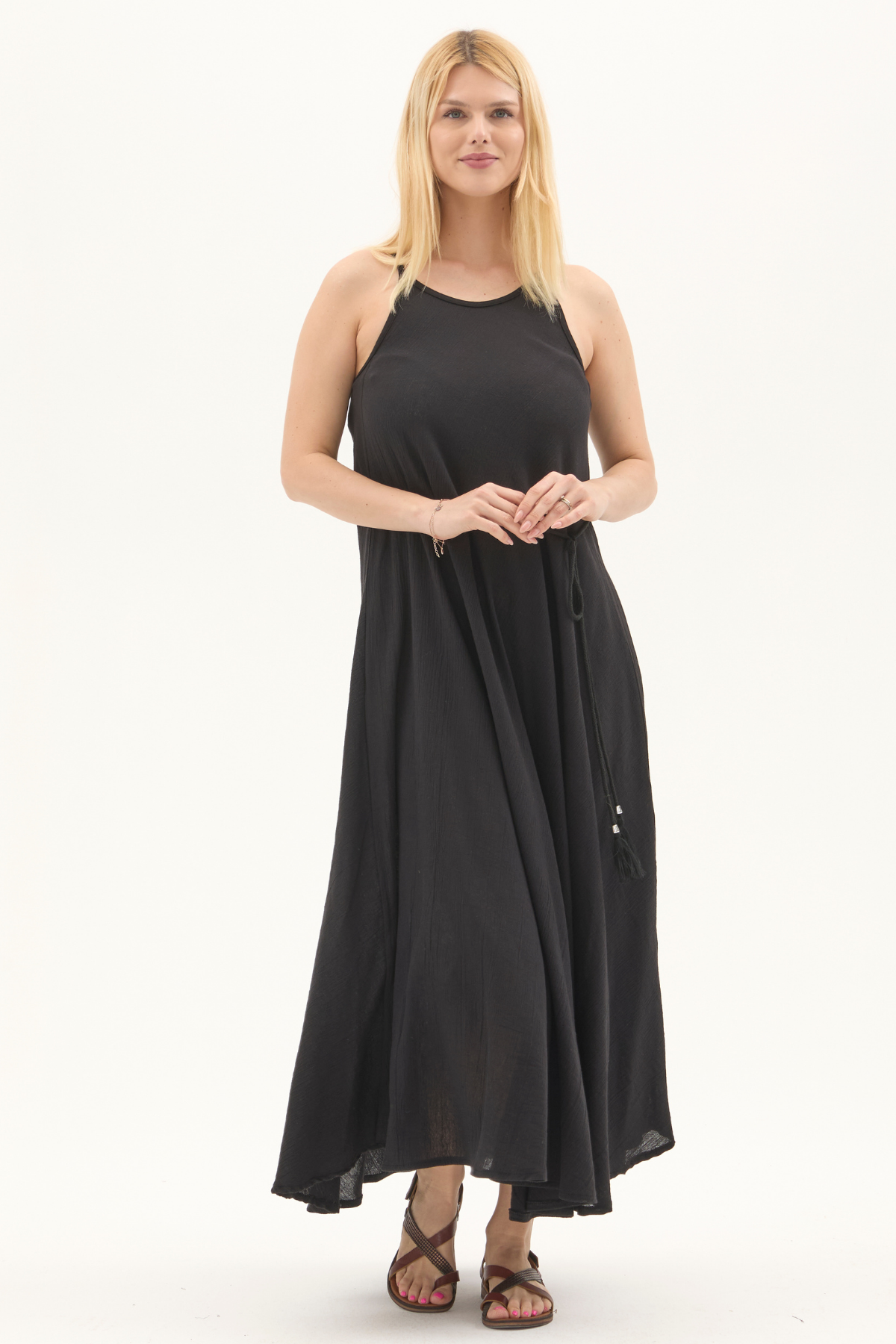 Şile Bezi Siyah Askılı Uzun Yazlık Elbise