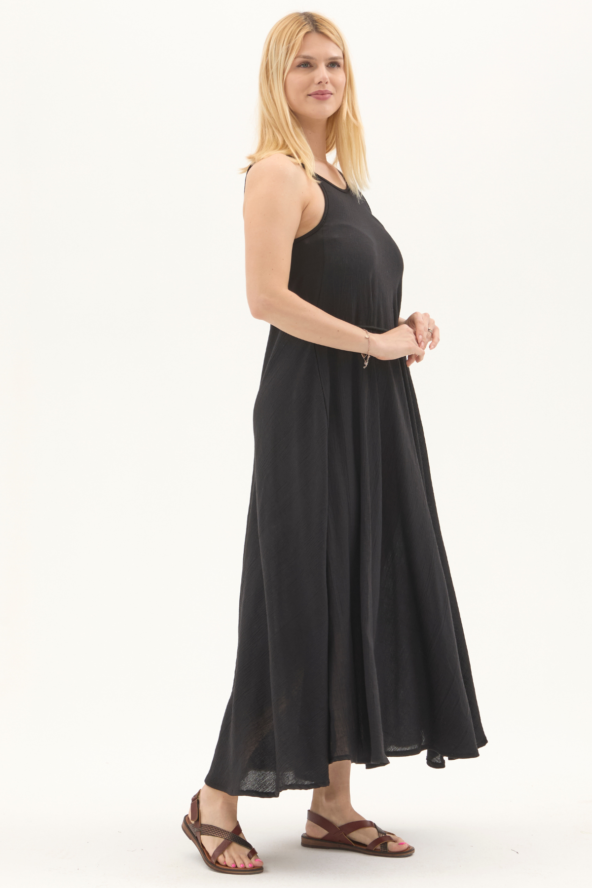 Şile Bezi Siyah Askılı Uzun Yazlık Elbise