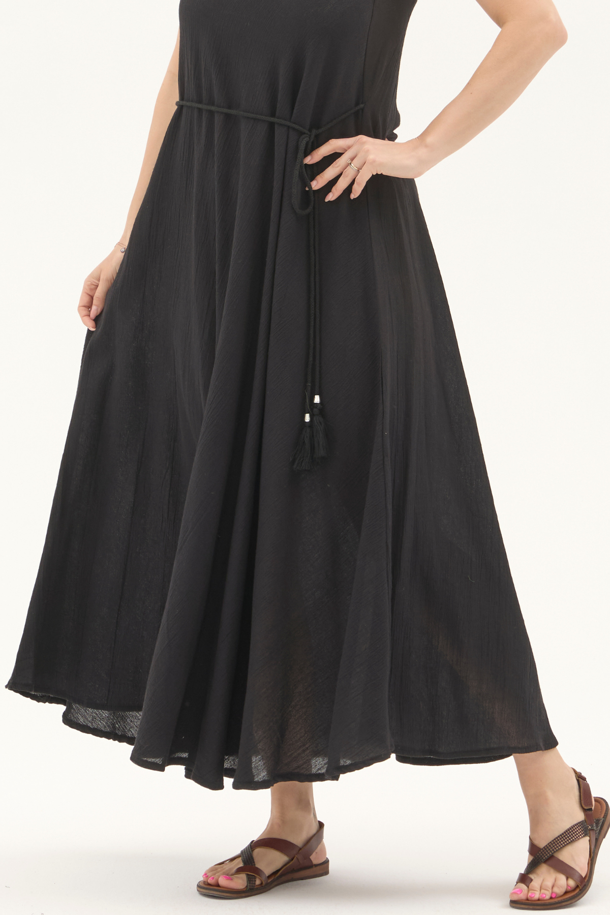 Şile Bezi Siyah Askılı Uzun Yazlık Elbise