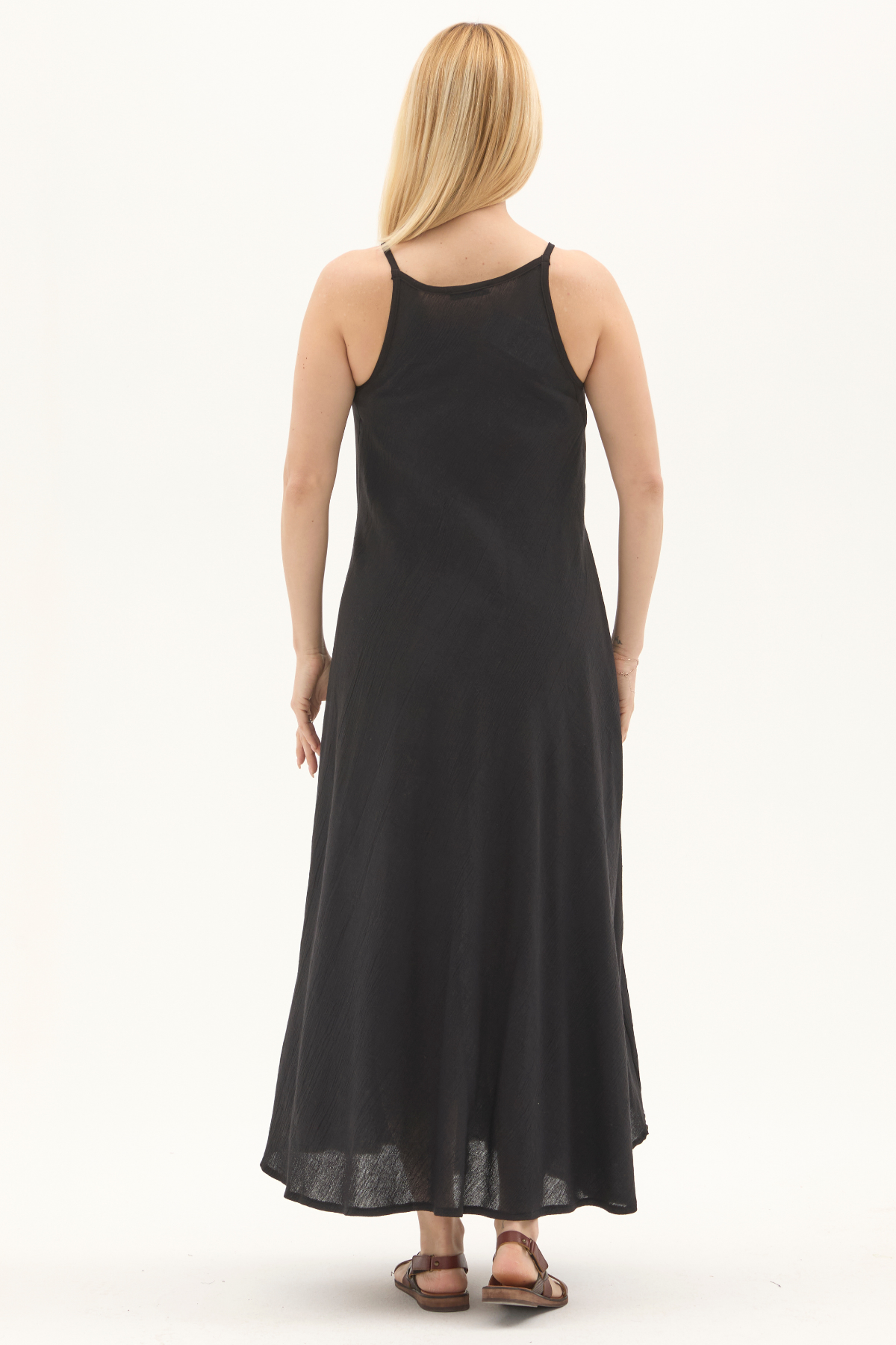 Şile Bezi Siyah Askılı Uzun Yazlık Elbise