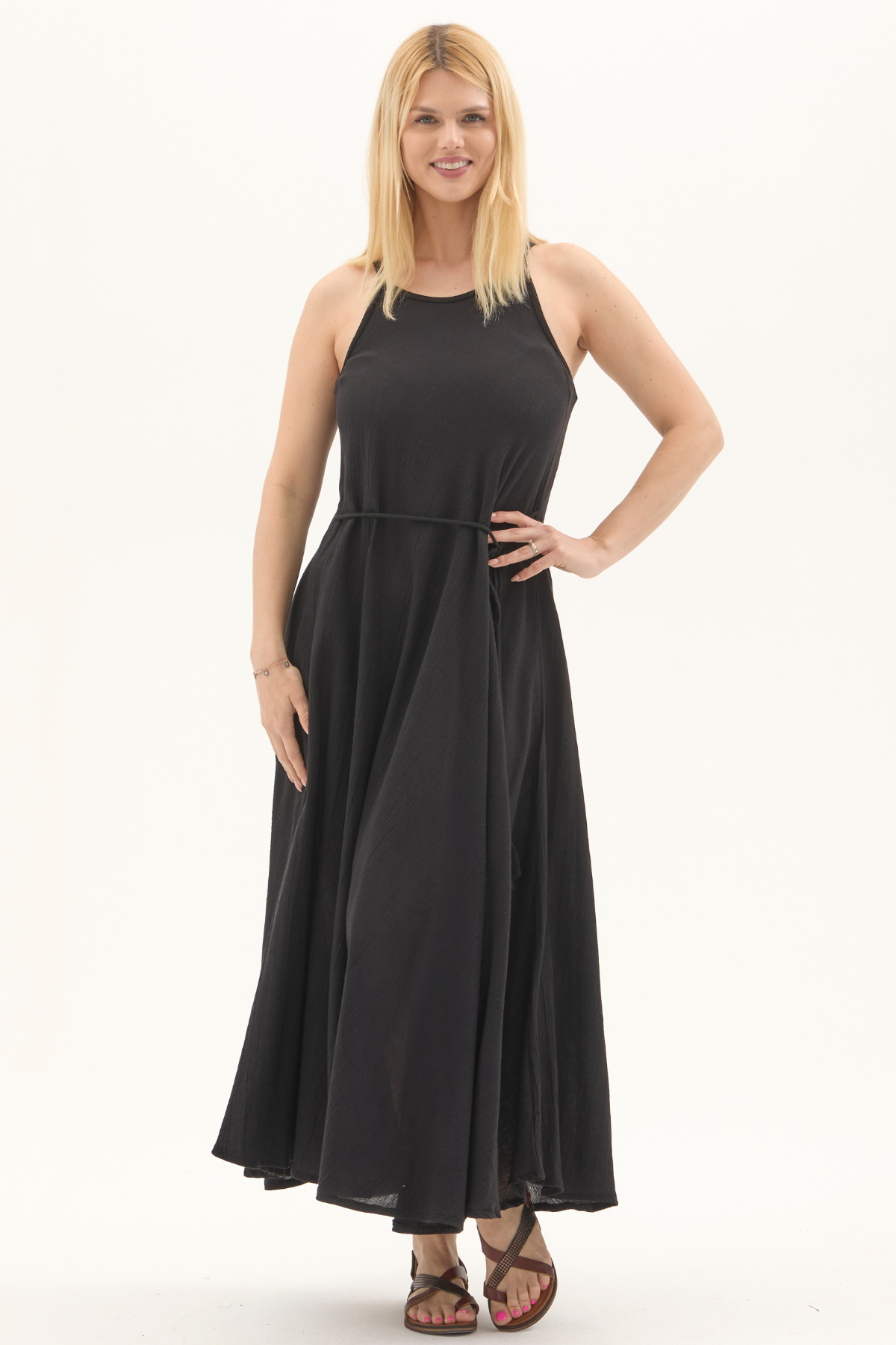 Şile Bezi Siyah Askılı Uzun Yazlık Elbise