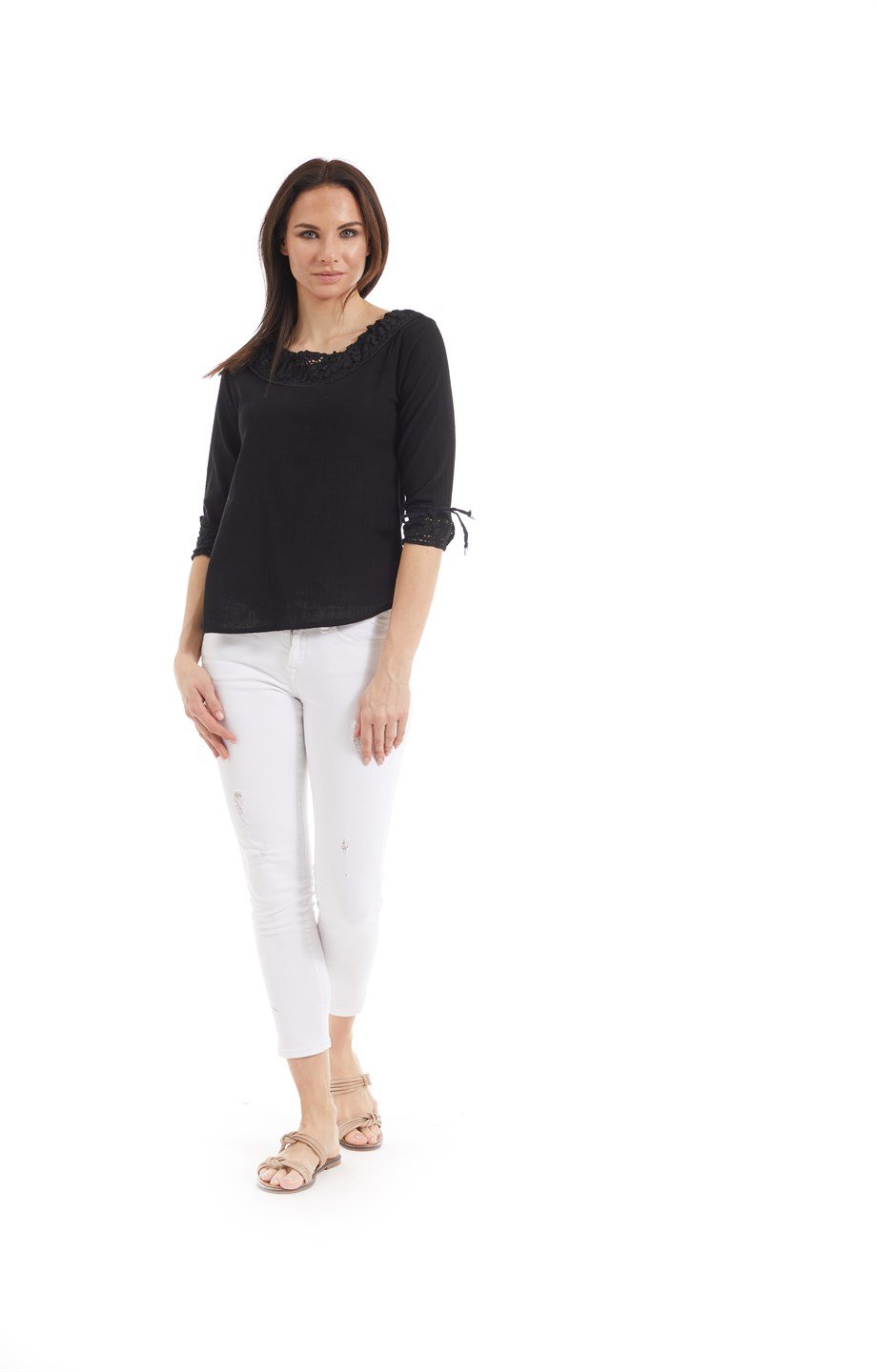 Şile Bezi Siyah Dantel Yaka Yarım Kol  Bluz