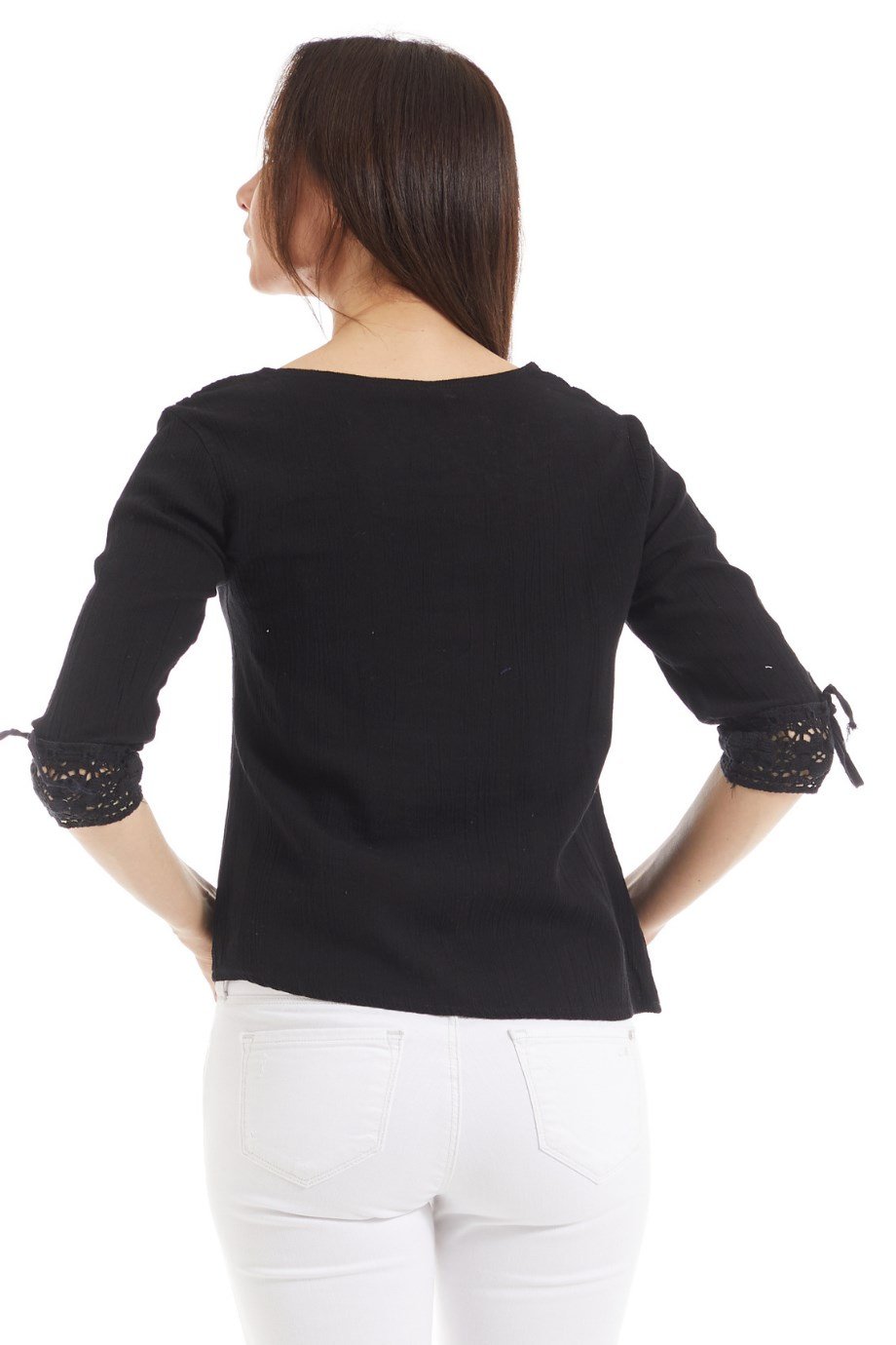 Şile Bezi Siyah Dantel Yaka Yarım Kol  Bluz