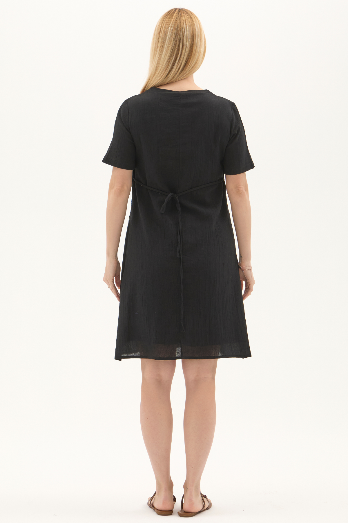 Şile Bezi Siyah Kısa Kol Nakışlı Kare Yaka İlkbahar ve Yaz Elbise