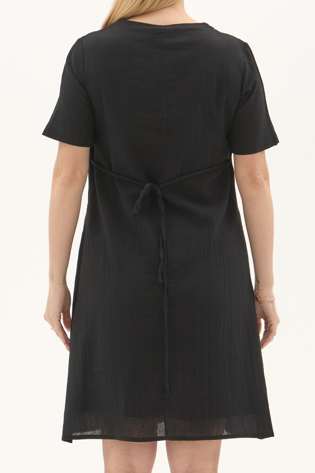 Şile Bezi Siyah Kısa Kol Nakışlı Kare Yaka İlkbahar ve Yaz Elbise