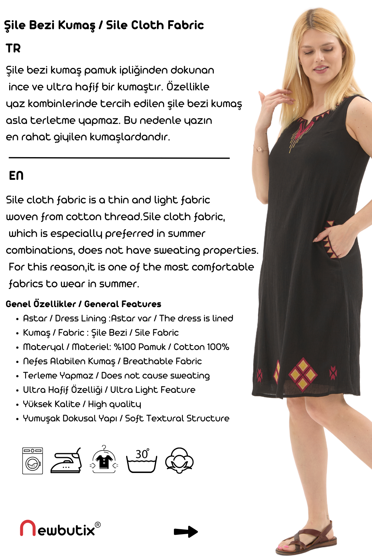 Şile Bezi Siyah Kolsuz Nakışlı Otantik Yazlık Elbise