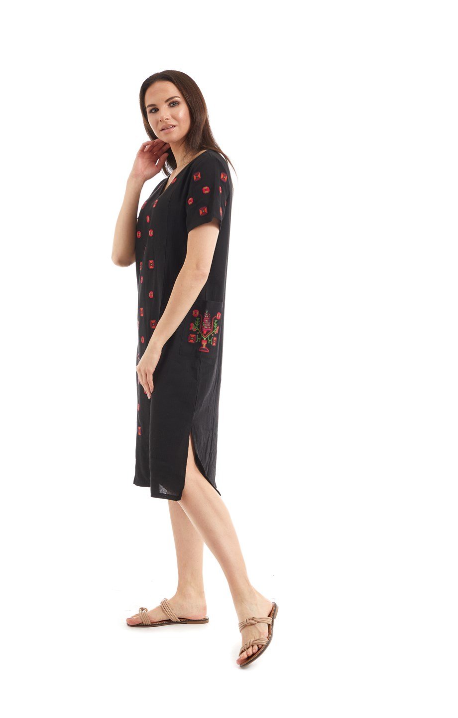 Şile Bezi Siyah Nakışlı Cepli Elbise