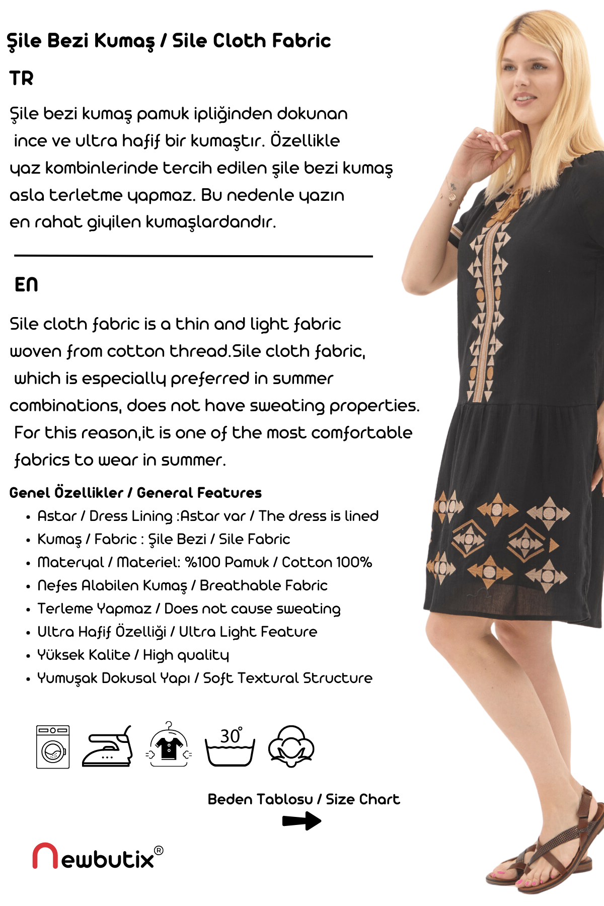 Şile Bezi Siyah Otantik Nakışlı Midi Elbise