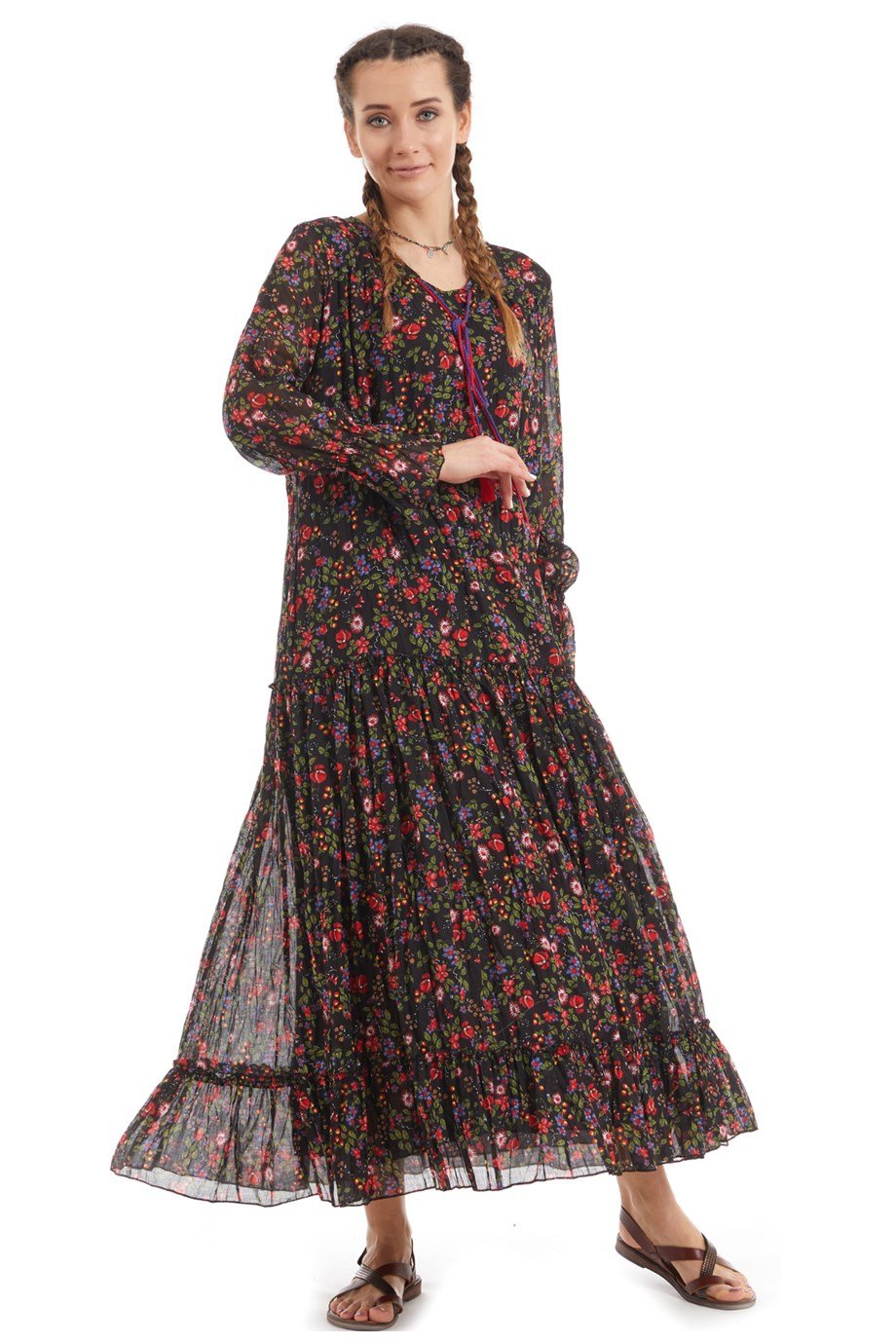 Şile Bezi Siyah Uzun Kol Vual Çiçek Desenli Elbise 